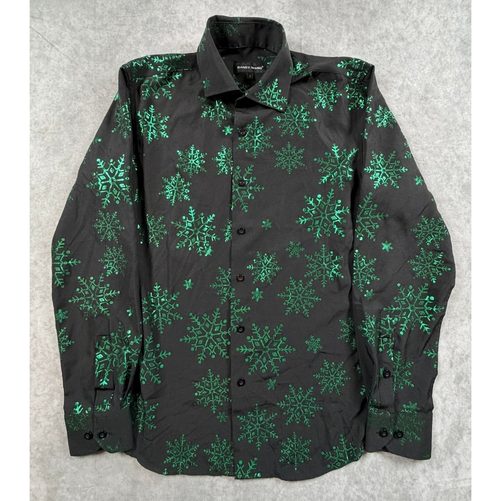 Barry Wang Mens Small Shirt Silk Blend Black Metallic Green Snowflake Christmas